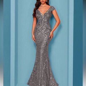 Elegant Gray Sequin Evening Gown
